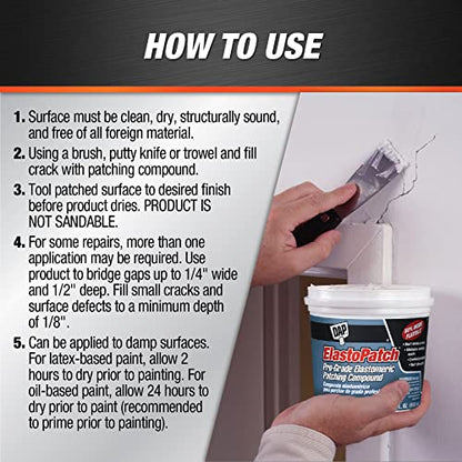 DAP ElastoPatch Smooth Flexible Patching Compound, White, 32 Oz (7079812278) - size: 32 oz