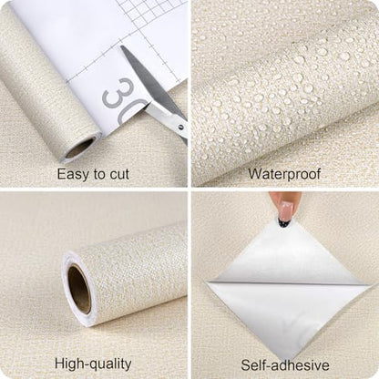 Grasscloth Peel and Stick Wallpaper Beige Textured Contact Paper, set of 17.3 x 480 Inches Removable Wallpaper for Bedroom, Countertop, Classroom, Cabinet and Drawer, Renter Friendly Wall Paper - color: Beige, size: 17.3" x 480"