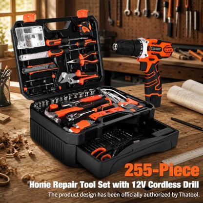 255-Piece Home Tool Kit with 12V Cordless Drill and Drawer Case