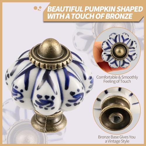 12pcs Ceramic Pumpkin Knobs - Deep Blue Flower - style: Deep Blue Flower