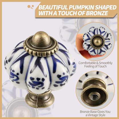 12pcs Ceramic Pumpkin Knobs - Deep Blue Flower - style: Deep Blue Flower