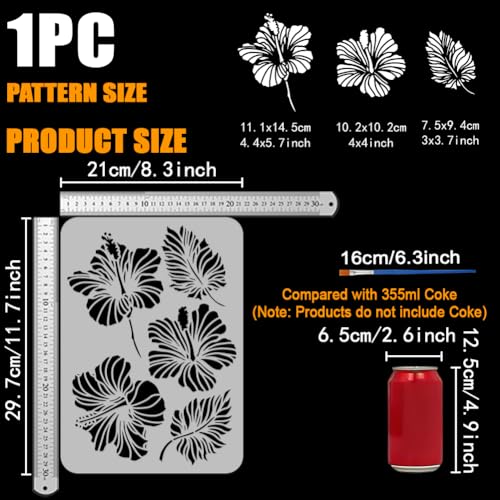 FINGERINSPIRE Hibiscus Stencils with a Brush 11.7x8.3Inch Flowers Painting Stencils Hibiscus Leaves Pattern Stencil Plant Themes PET Template for Painting on Wood Floor Tile Wall Fabric DIY - color: Hibiscus