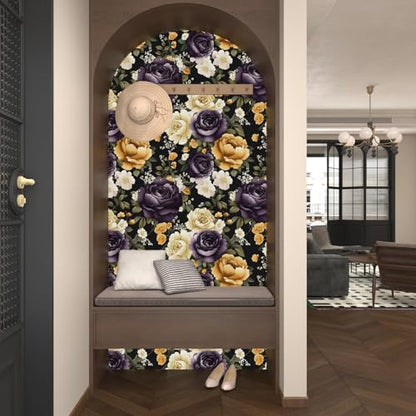Laatse Dark Peony Peel and Stick Wallpaper 17.5" x 118",Beige/Black - color: Purple/Beige, size: 118" x 17.5"
