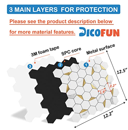 DICOFUN 1 Hexagon Tile Peel and Stick Backsplash, White Marble Look PVC Mixed Golden Metal Mosaic Tiles - color: Marble White + Gold Metal Chip, size: 1 Sheet, 12''x12''x0.12''