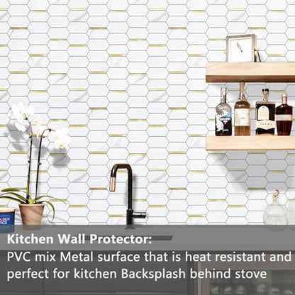 Vamos Tile Long Hexagon Peel and Stick Backsplash Tile - 10 Sheets Stick on Backsplash for Kitchen and Bathroom 12.4 x 12 Inch White Marble Look PVC Mixed Metal Gold Self Adhesive Mosaic Wall Tiles - color: ‎Statuary Marble Look with Gold Metal