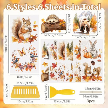 WANDIC 6 Sheets Rub On Transfer Stickers, Autumn Animals Theme Decals Waterproof Stickers for DIY Postcard Furnitures Albums Photos Deocr, 15 * 30cm - color: Autumn Animals