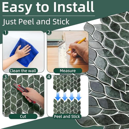 Tilingview 10 Pcs Leaf Design Peel and Stick for Kitchen Backsplash, Premium Self-Adhesive Tiles Wall Stickers (Dark Green) (Pack of 2) - color: Dark Green, size: 12"x12"x0.04" (Pack of 2)