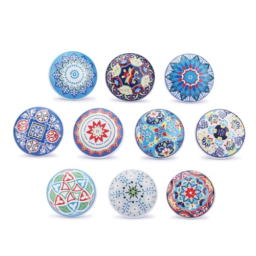 Ajuny Multicolor Ceramic Knobs Set 10 Printed Cabinet Drawer Pull Handles - color: Blue Multi