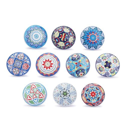 Ajuny Multicolor Ceramic Knobs Set 10 Printed Cabinet Drawer Pull Handles - color: Blue Multi