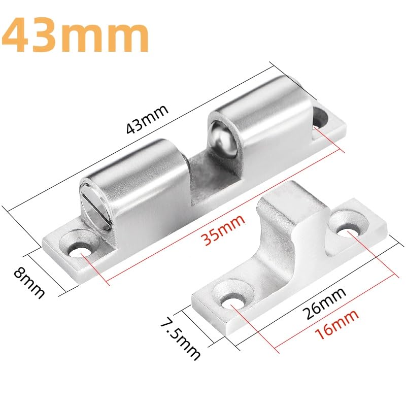 2Pcs Cabinet Door Catch, Solid Stainless Steel Adjustable Ball Tension Roller Catch Cabinet Door Double Ball Tension Catch with Screws for Ship Yacht RV (43MM) - size: 43MM