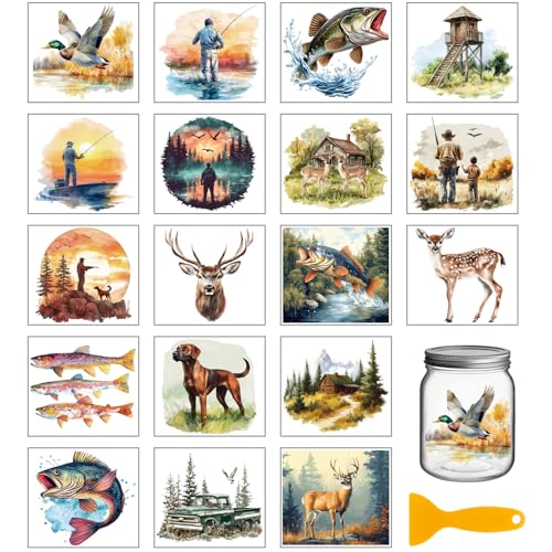 GLOBLELAND 18 Sheets Fishing Hunting Transfer Stickers 3.9x3.6inch Duck Hounds Transfer Decal Deer Bass Colorful Rub on Transfer for Furniture Vase Glass Art Crafts Decorations - style: Fishing