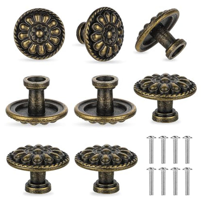 JJUNW 8 Pack Antique Brass Drawer Knobs, Vintage Dresser Drawers Knobs, Solid Round Cabinet Knobs, Single Hole Cabinet Hardware for Refinished Furniture, Diameter 1.18in