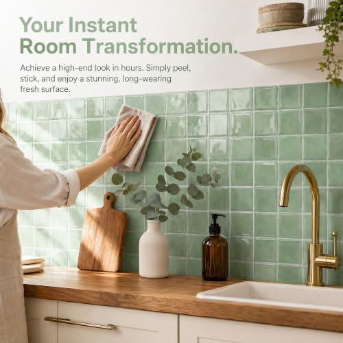 4 Pack Pale Sage Green Square Peel and Stick Wall Tiles, 6"x6" - color: Pale Sage Green, size: 4 Pcs 6" x 6" x 0.05"
