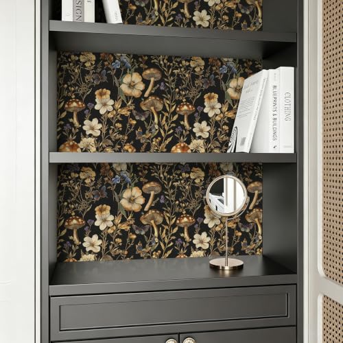 Froluya Mushroom Wallpaper Peel and Stick Dark Contact Paper 16.9” x 118.1” - color: Dark, size: 16.9" x 118.1"