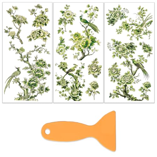 OLYCRAFT 3Pcs/Set Green Flowers Rub on Transfers for Furniture and Crafts 6x12 Inch Bird Decor Transfer Stickers Oriental Style Decals with 1pc Scraper for Wooden Home Dresser Wardrobe Decoration - style: Green flower
