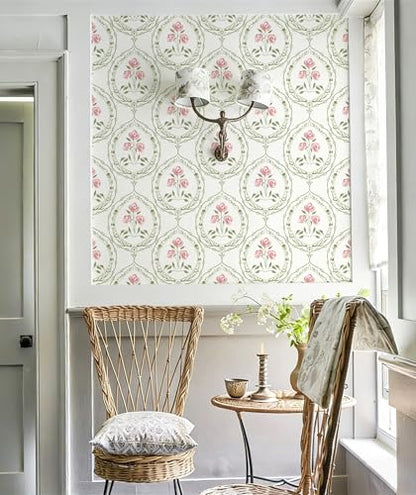 Boho Floral Peel and Stick Wallpaper Green and Pink Self Adhesive Wallpaper - color: Green and Pink