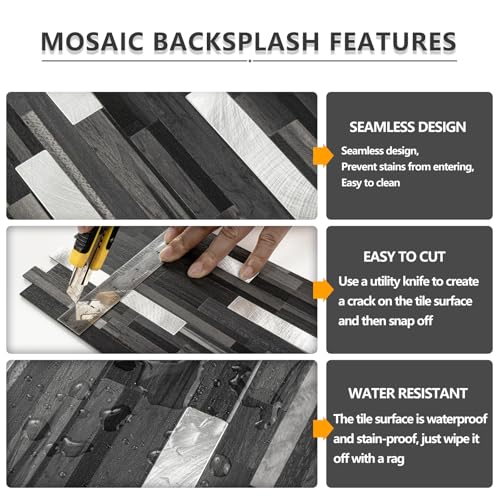 STICKGOO 20 Sheets Peel and Stick Backsplash Tile, Stick on Backsplash for Kitchen and Bathroom, Black Grey Wood Look PVC Mixed Metal Silver Self Adhesive Wall Tiles - color: Black Grey + Metal Silver