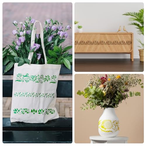 12 Pcs Large Flower Border Stencils for Painting, Reusable Plastic Floral Edge Baking Decorating Vine Stencil Tool, Painting Templates for DIY Cake Wood Wall Tile Furniture Canvas Craft, 3" x 11.8"