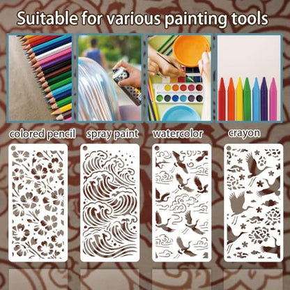 12 Sheets Oriental Patterns Stencil for Painting, Ripple Water Wave Crane Auspicious Cloud Four-Leaf Clover Flower Drawing Stencil Reusable Art Template for Painting on Wall Wood Home Decor - style: Oriental