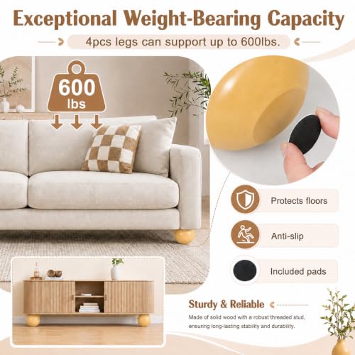 4 Inch Wooden Sofa Legs Set of 4 Walnut Wood Round Sofa Legs with Mounting Plate Screws Solid Wood Furniture Feet for Couch Bed Cabinet Bookcase Ottoman (Yellow) - color: Yellow