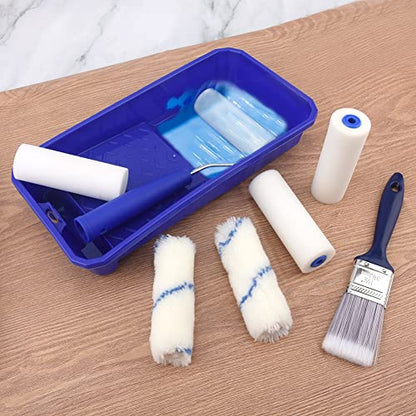 Household Mini Paint Roller Kit, 4 Sponge Paint-Roller-Head + 2 Fabric Roller-Head +1 Plastic Paint Tray + 1 Roller Handle +1 Pant Brush fits Home Painting & Smaller DIY Projects(Color:Blue)