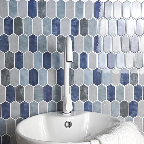 Peel and Stick Tiles for Kitchen, Thicker Design 3D Self-Adhesive Long Hexagon Wall Tile Backsplash, Mix Blue 10-Sheet 12"x12" Stick on Tiles, Peel and Stick Wall Tile for Kitchen - color: Mix Blue