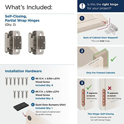 Amerock 1 Pair 3/8" Inset Satin Nickel Self-Closing Wrap Hinge - color: Satin Nickel, size: 3/8 Inch (10 mm) Inset