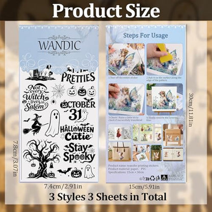 WANDIC 3 Sheets Halloween Rub on Transfer Stickers, Trick or Treat Boo Witchy Wild Text Waterproof Decal for Crafts Furniture Scrapbook Album, 15 * 30cm - color: Halloween Text