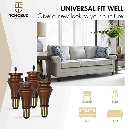 6 inch Solid Wood Furniture Spool Legs with Gold Caps, 4PCS Walnut - color: Walnut, size: 6"/ 15cm