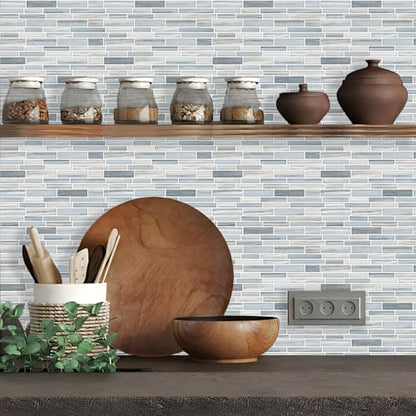 Tilingview 10PCS Peel and Stick Tile for Kitchen Backsplash, Strips Design Self-Adhesive Vinyl Tile, Plastic Wall Sticker (Blue Gray) - color: Narrow Blue Gray, size: 10"x10"x0.02"