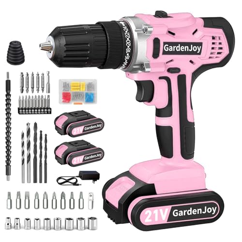 GardenJoy 20v Cordless Drill Set, Power Electric Kit 2 Batteries With Charger 30Nm 2-Speed 3/8" Keyless Chuck 24+1 Position Drill Driver screwdriver Bits with LED Electric Work Light Women DIY - color: Pink1