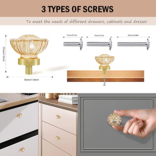 4 Pack Glass Cabinet Knobs and Pulls, Round Champagne Crystal Knobs for - color: Champagne Crystal and Satin Brass Base, size: 4 Pack (36mm)
