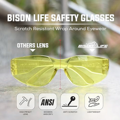 BISON LIFE Yellow Safety Glasses for Men & Women, Bulk, ANSI Z87.1, 6 Pack - color: Yellow/Yellow