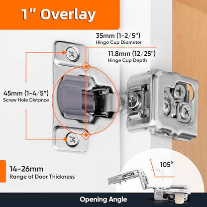 Decobasics 4 Pack Soft Close Cabinet Hinges – 1" Overlay for Kitchen Cabinet Doors, Face Frame Concealed Hidden Hinges – Stainless Steel, Self-Closing with 3-Way Adjustment & Slow Close Damper - size: 1 Inch