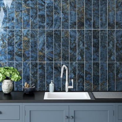 AULIGET 40-Piece Polished Blue Marble Peel and Stick Backsplash Wall Tiles, 3" x 12" PVC Faux Stone Stick on Tiles for Backsplash Kitchen, Bathroom, Laundry Room, Camper, Fireplace - color: Polished Blue Marble, size: 40 Pieces, 3"x12"x0.12"