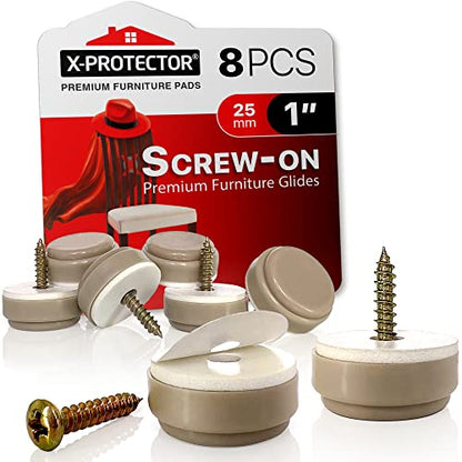 Chair Glides X-PROTECTOR –8 PC 1" Furniture Glides – Screw-On Chair Sliders - size: 1 inch (8 pieces) - Beige
