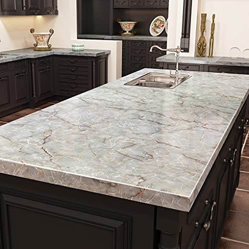 Livelynine 36 Inch Wide Marble Contact Paper for Countertops Waterproof Glossy Light Green Marble Wallpaper Peel and Stick Countertop Kitchen Counter Top Covers Laminate Counter Top Vinyl Wrap Table - color: Tuoquise Marble, size: 36" x 197"