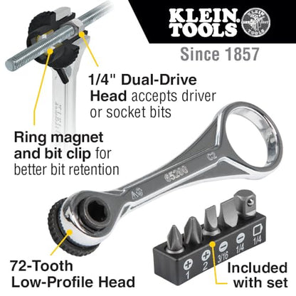 Klein Tools 65200 Ratchet Set, 5-Piece Mini Ratchet Set with Phillips, Slotted, and Adapter for Other Socket Sizes, For Tight Spaces - size: Non-Magnetic