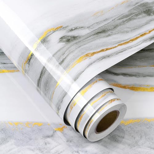 FunStick 16"x240" White and Gold Marble Contact Paper for Countertops Waterproof Self Adhesive Marble Wallpaper for Kitchen Countertop Peel and Stick Marble Wall Paper for Bathroom Cabinets Desk Walls - color: White and Gold, size: 15.8"W x 240"L