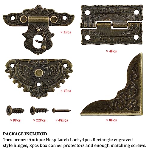 91Pcs Antique Engraved Decorative Hasp Latch Hinges with Screws