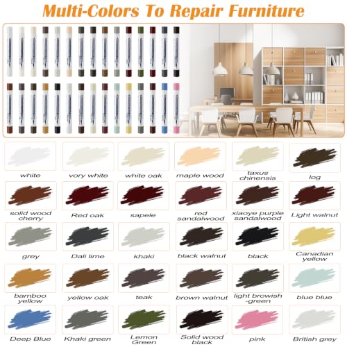 Windspeed 30+2P Wood Filler Stick 30 Color Wood Filler Putty Wax Crayons Furniture Repair Kit Putty Stick for Baseboard Cabinets Furniture Floors(with 2 Scrapers)