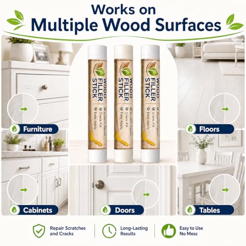 White Wood Filler Sticks 3 Pack, Quickly White Wax Fill Stick, Wood Repair Kit for Scratches, Crack, Scuffs, Gouges on Wooden Funiture, Floors, Cabinets, Tables, and Doors