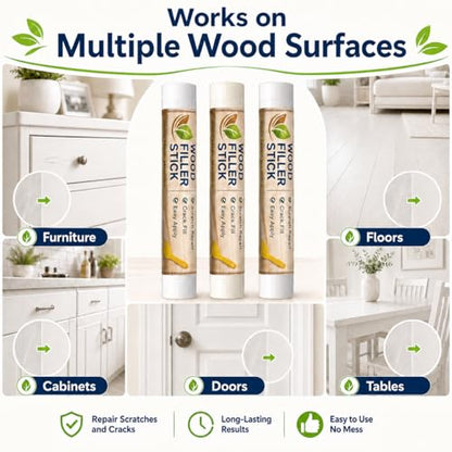 White Wood Filler Sticks 3 Pack, Quickly White Wax Fill Stick, Wood Repair Kit for Scratches, Crack, Scuffs, Gouges on Wooden Funiture, Floors, Cabinets, Tables, and Doors