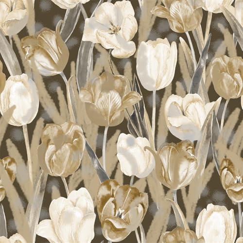 Tulip Retro Flower Wallpaper，17.71 "x 118.1" Golden Aesthetic Contact Paper Waterproof Vinyl Wallpaper for Kitchen Backsplash Bathroom Cabinet - color: flower-07, size: 17.7" x 118.1"