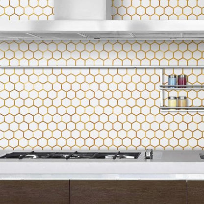 DICOFUN 1 Sheet Hexagon Peel and Stick Backsplash Tile, Polished White Tile Look Mixed Gold Kitchen Backsplash Peel and Stick Wall Tiles - color: White Tile + Gold Metal Frame, size: 1 Sheet, 12''x12''x0.12''