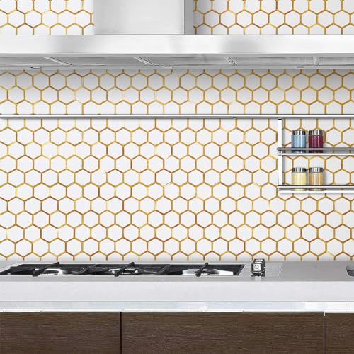 DICOFUN 10-Sheet Hexagon Peel and Stick Backsplash Tile, Polished White Tile Look Mixed Gold Kitchen Backsplash Peel and Stick Wall Tiles - color: White Tile + Gold Metal Frame, size: 10 Sheets, 12''x12''x0.12''