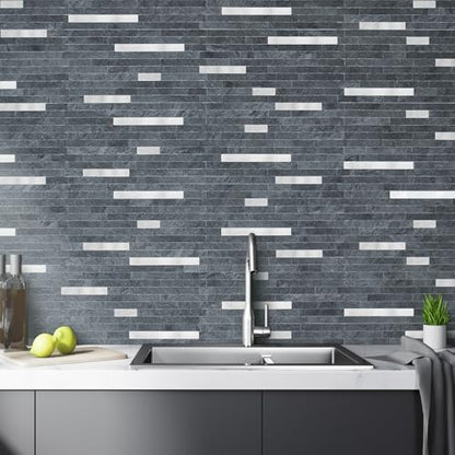 AULIGET 20 Sheets Black Slate Peel and Stick Backsplash, PVC Mixed Metal Silver Wall Tile Stick on Backsplash for Kitchen and Bathroom - color: Black Slate + Metal Silver, size: 20 Sheets, 6"x12"x0.12"