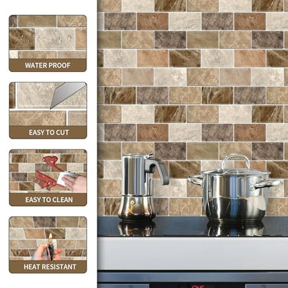 10 Sheets Peel and Stick Backsplash for Kitchen 12"X12" Renter Friendly Backsplash Back Splash Adhesive Subway Wall Tile Flat Vinyl Sticker for Bathroom Brown Marble B (Not 3D Tile)