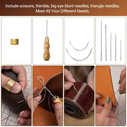 WUTA Leather Sewing Kit, Leather Stitching Kit with Sewing Awl, Needles, Waxed Thread, Upholstery Repair Kit, Heavy Duty Sewing Tools for Hand Stitching Car Seats, Sofa, Carpets, Shoes, DIY Craft - color: Set c