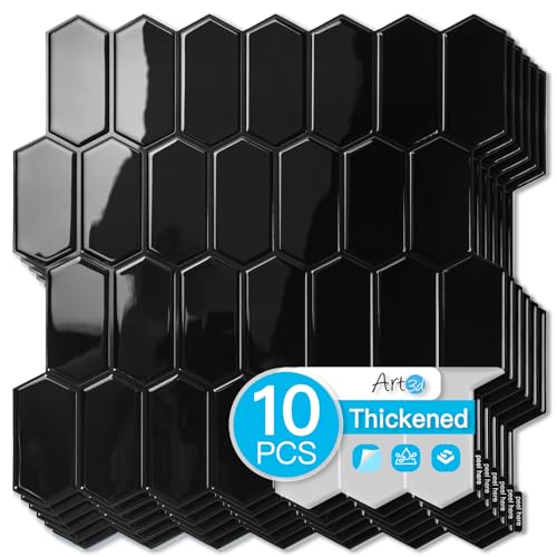 Art3d Hexagon Tile Peel and Stick Backsplash, 10-Pack, 12 x 12 Inch, Black - color: Black, size: 12 x 12 Inch